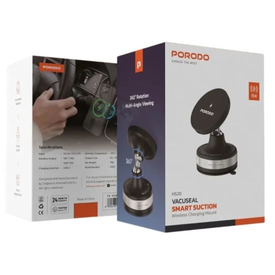 Porodo Vacuseal Smart Suction Wireless Charging Mount - Black
